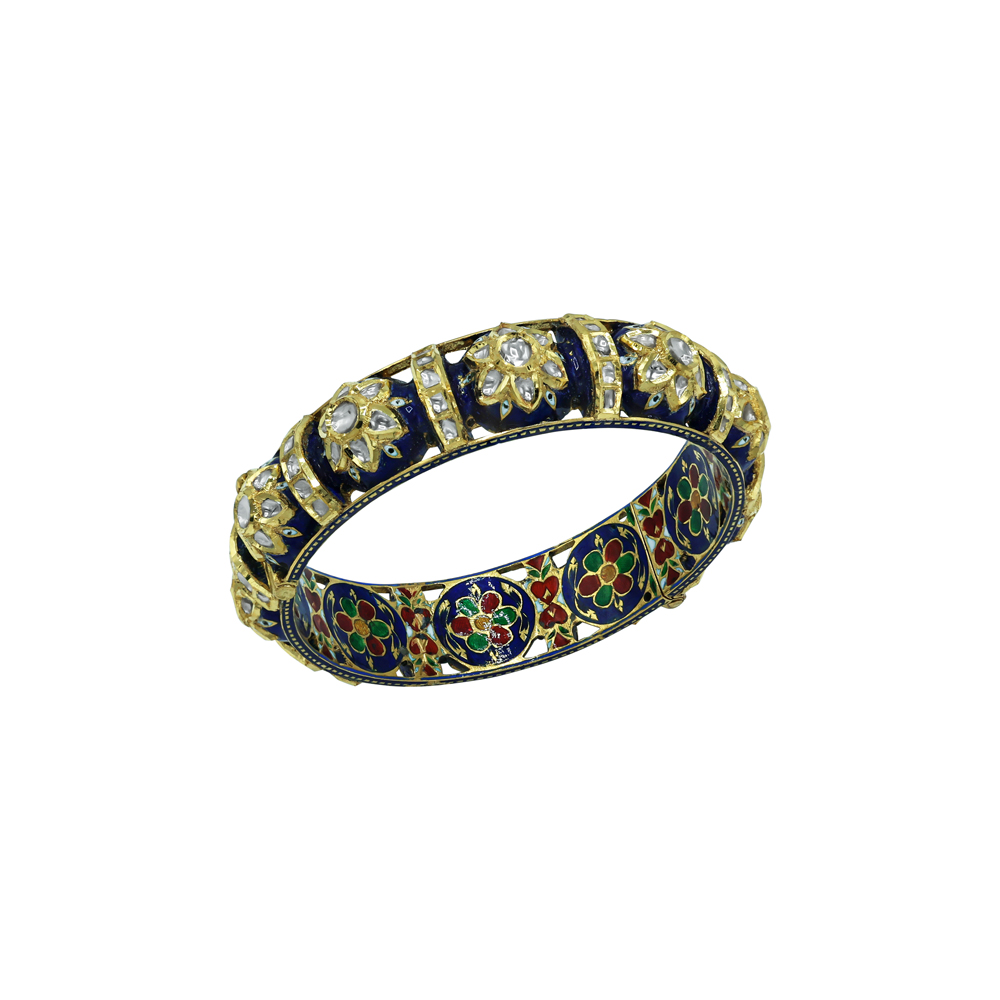 Polki Bangle with Blue Enamel and Floral Meenakari